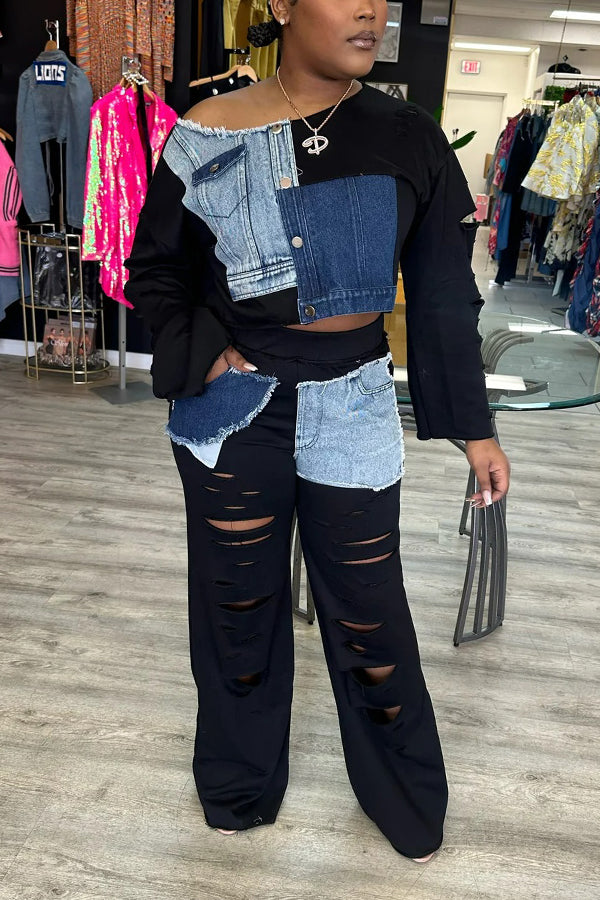 Fashionable Denim Patchwork Ripped Sweatshirt Suit