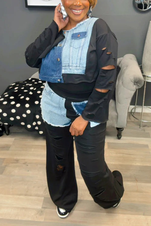 Fashionable Denim Patchwork Ripped Sweatshirt Suit