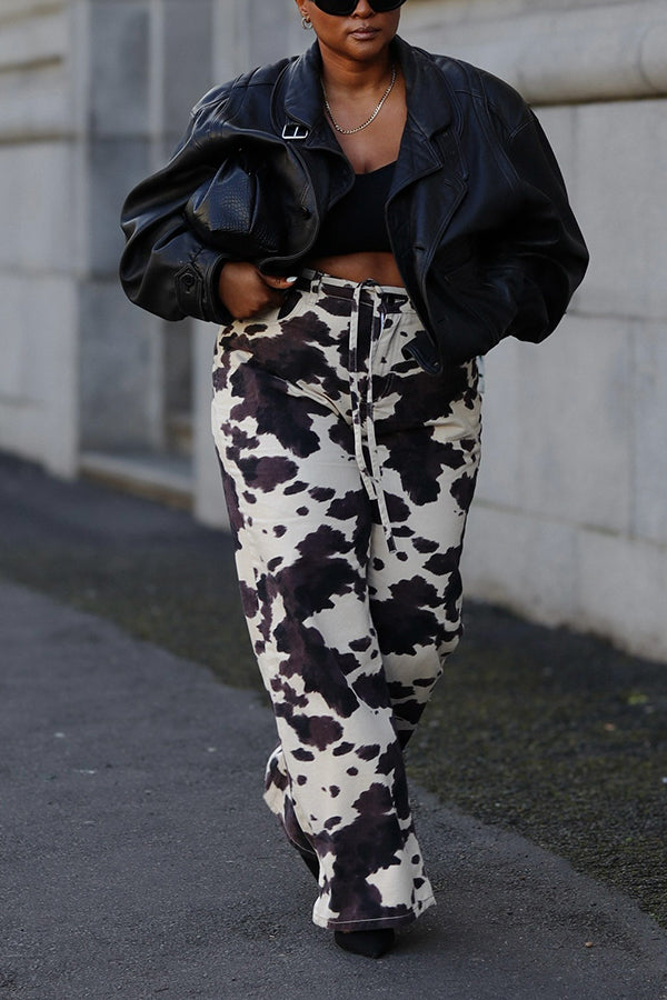 Fashion Cow Print Lace-Up Wide-Leg Jeans