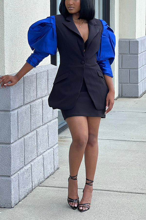 Elegant Colorblock Puff Sleeve Blazer