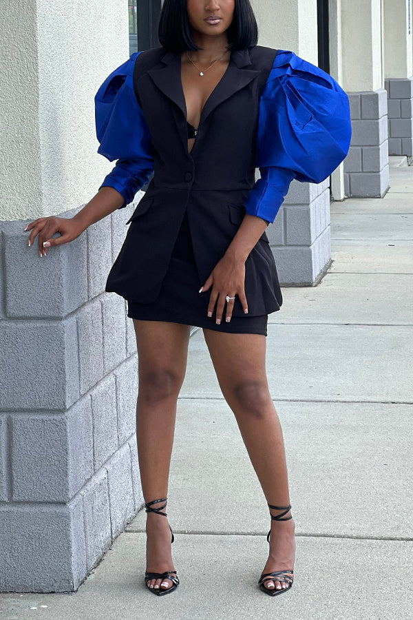 Elegant Colorblock Puff Sleeve Blazer