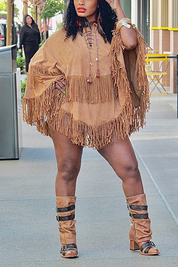 Fashionable Tassel Hem Suede Poncho