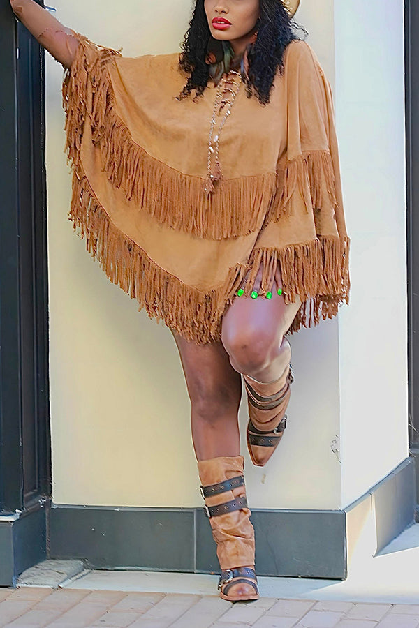Fashionable Tassel Hem Suede Poncho