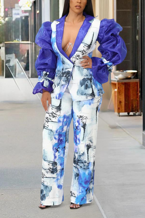 Stylish Mesh Sleeve Blazer & Watercolor Print Pants