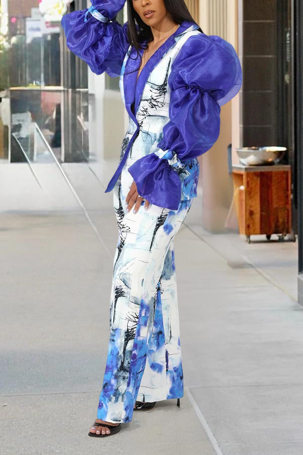 Stylish Mesh Sleeve Blazer & Watercolor Print Pants
