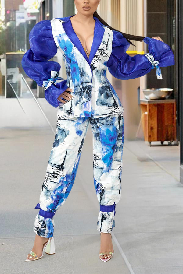 Stylish Mesh Sleeve Blazer & Watercolor Print Pants