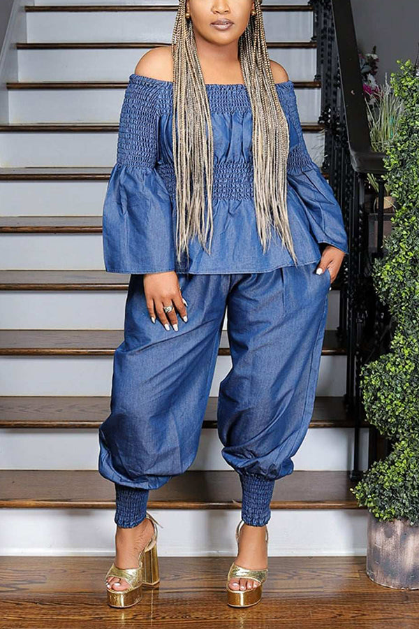 Fashionable Denim Off-Shoulder Smocked Set