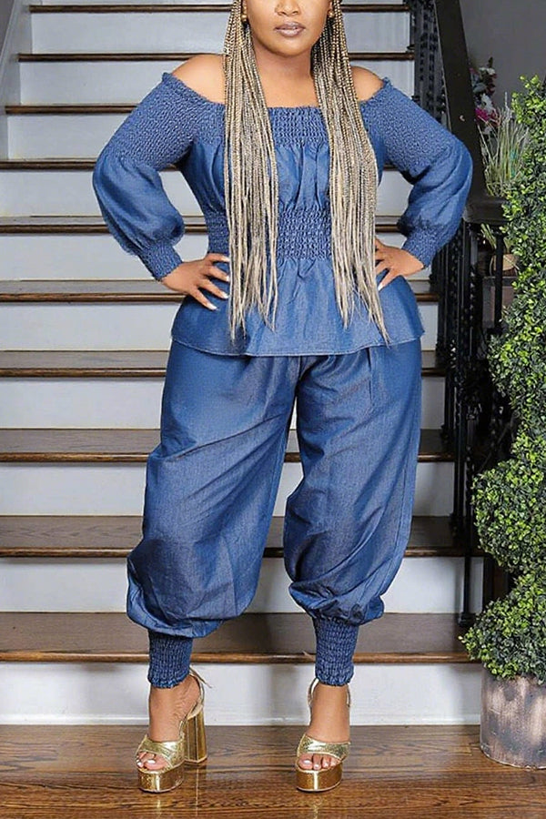 Fashionable Denim Off-Shoulder Smocked Set