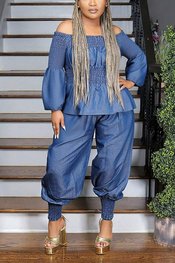 Fashionable Denim Off-Shoulder Smocked Set