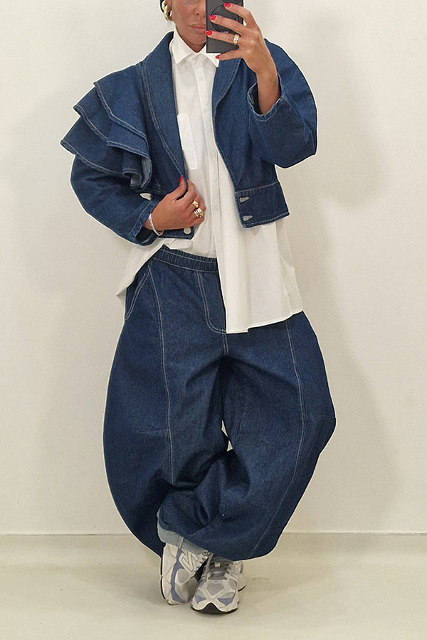Stylish Denim Layered Ruffle Jacket & Wide-Leg Jeans