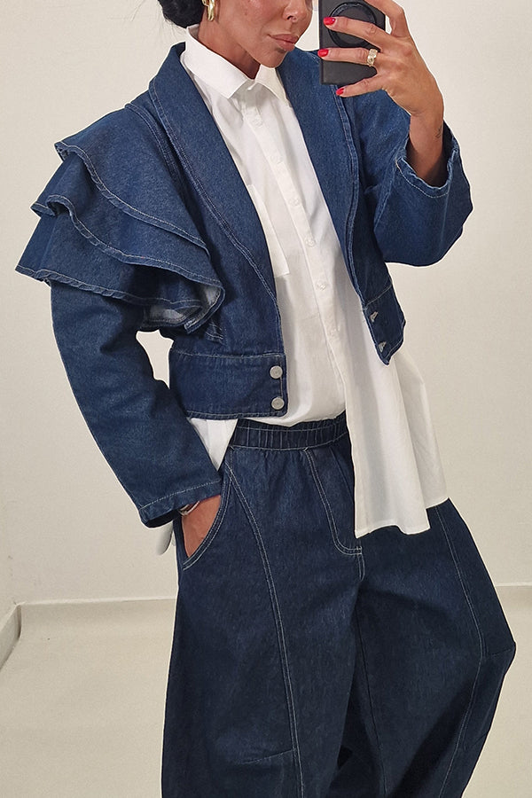 Stylish Denim Layered Ruffle Jacket & Wide-Leg Jeans