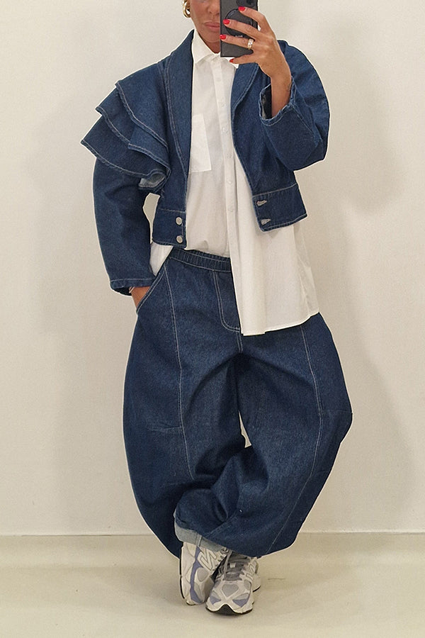 Stylish Denim Layered Ruffle Jacket & Wide-Leg Jeans