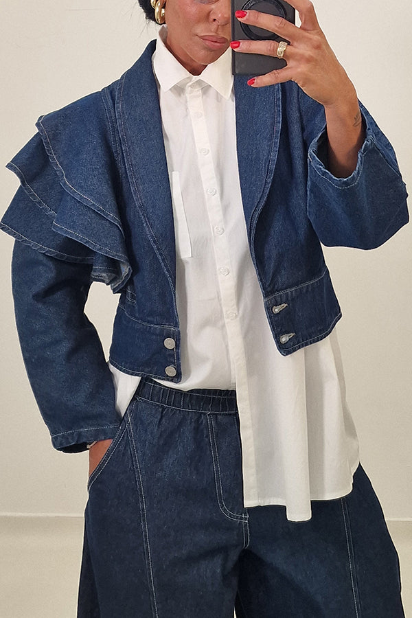 Stylish Denim Layered Ruffle Jacket & Wide-Leg Jeans