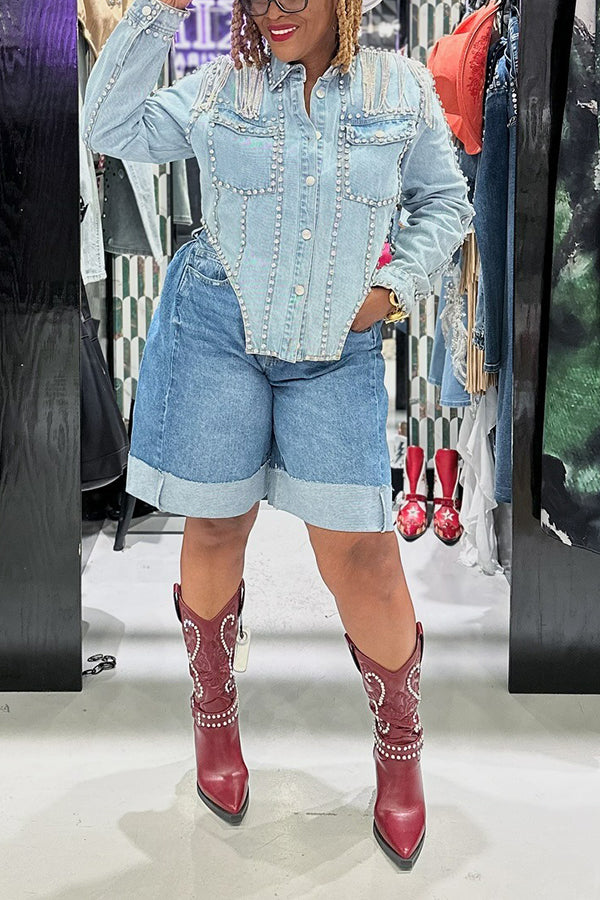Fashionable Rhinestone Tassel Denim Jacket