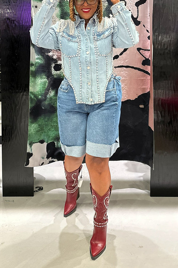 Fashionable Rhinestone Tassel Denim Jacket