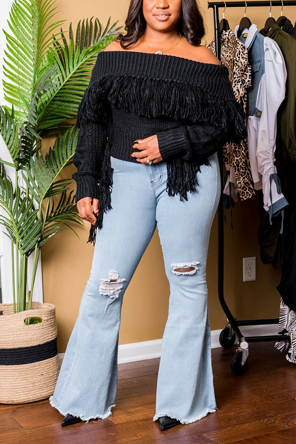 Fashionable Tassel One-Shoulder Sweater