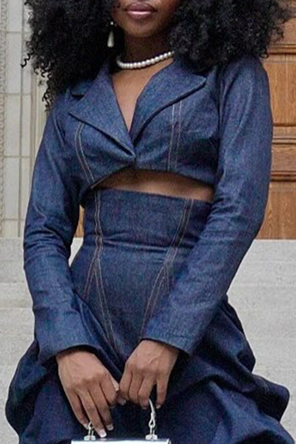 Fashion Lapel Cropped Denim Top