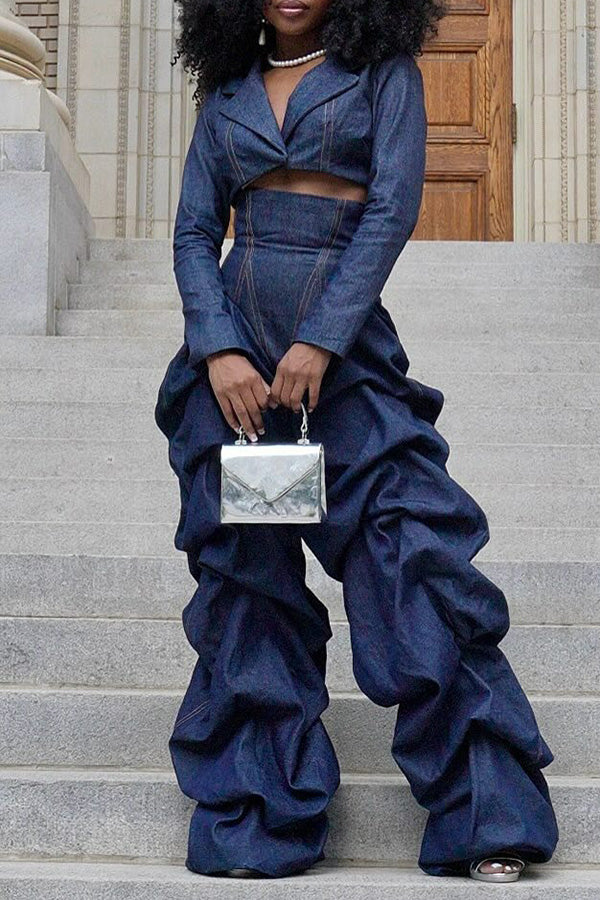 Fashion Lapel Cropped Denim Top