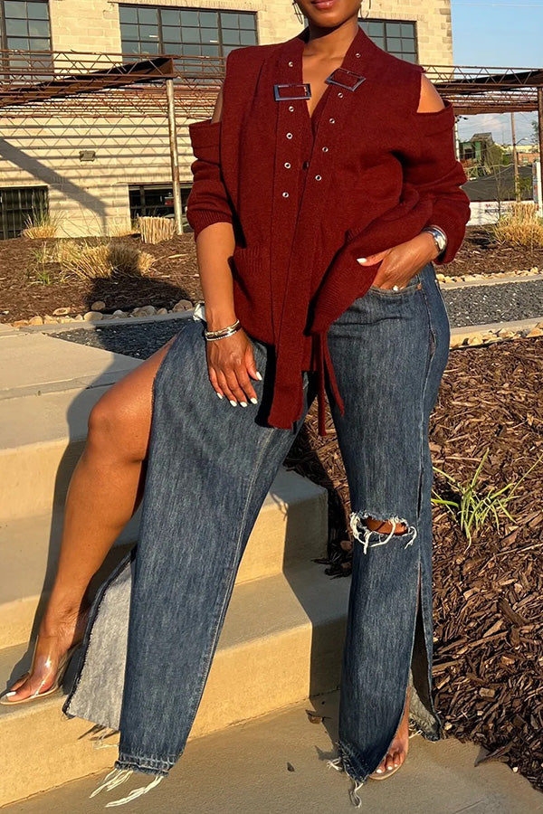 Stylish Cold Shoulder Buckle Cardigan