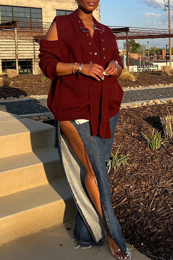 Stylish Cold Shoulder Buckle Cardigan