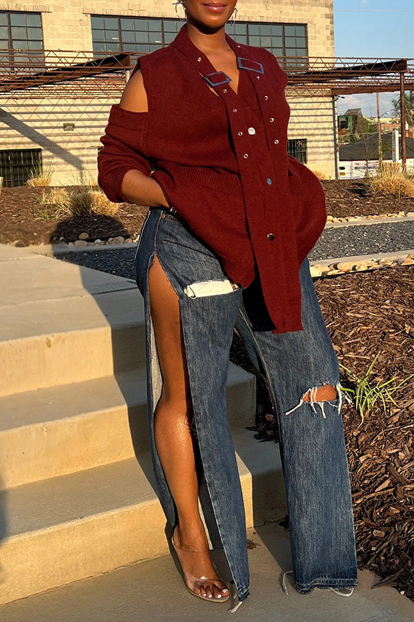Stylish Cold Shoulder Buckle Cardigan