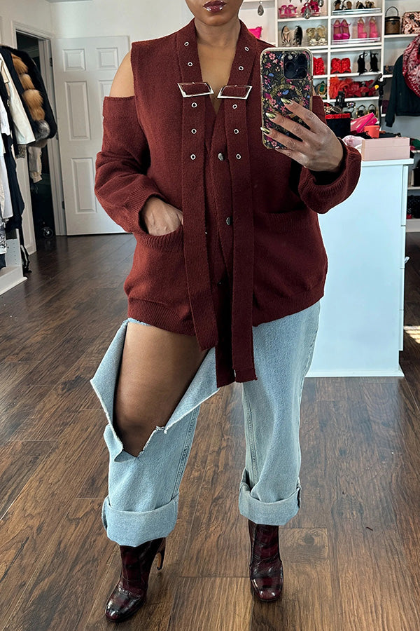 Stylish Cold Shoulder Buckle Cardigan