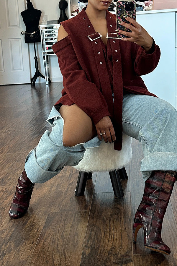 Stylish Cold Shoulder Buckle Cardigan