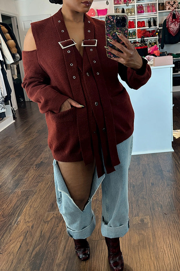 Stylish Cold Shoulder Buckle Cardigan