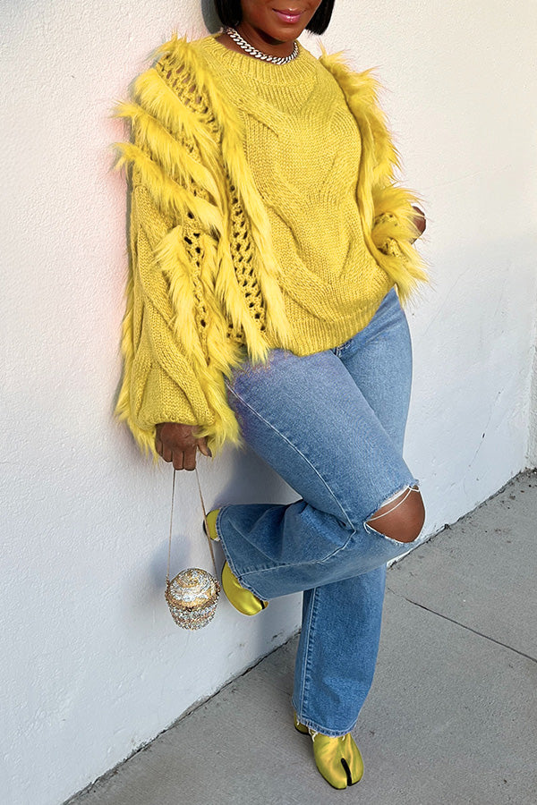 Fashionable Cable Cutout Fur Sweater