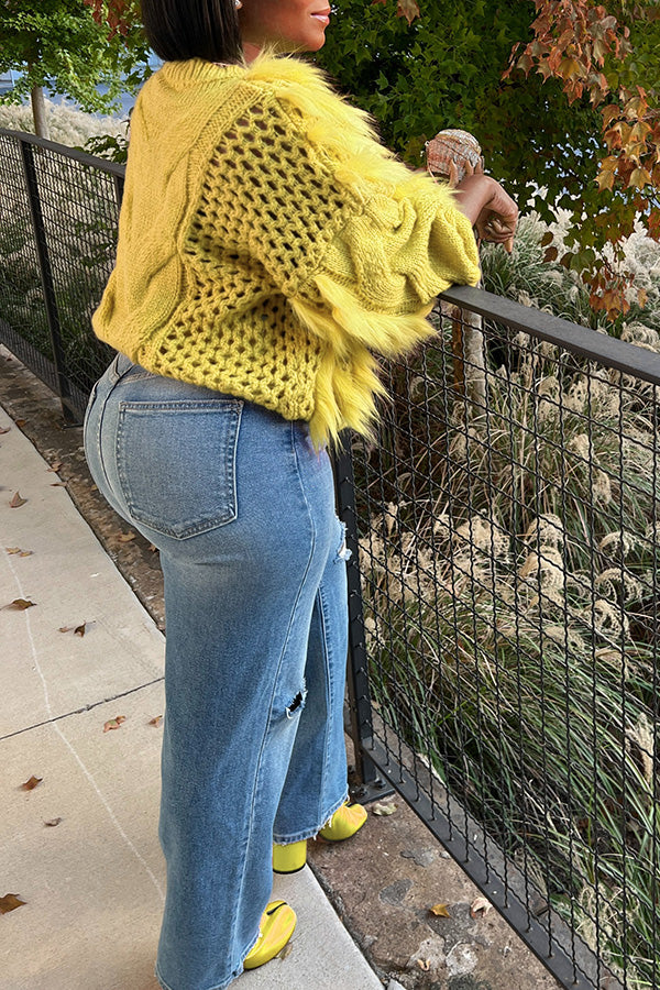 Fashionable Cable Cutout Fur Sweater