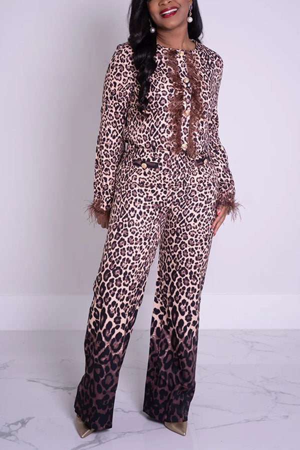 Fashionable Leopard Pprint Feather Trim Suit