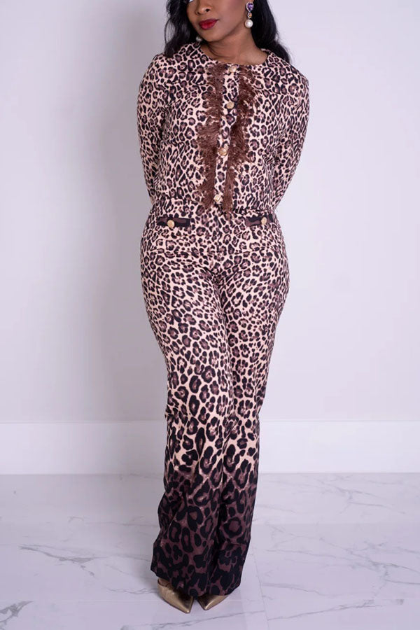 Fashionable Leopard Pprint Feather Trim Suit