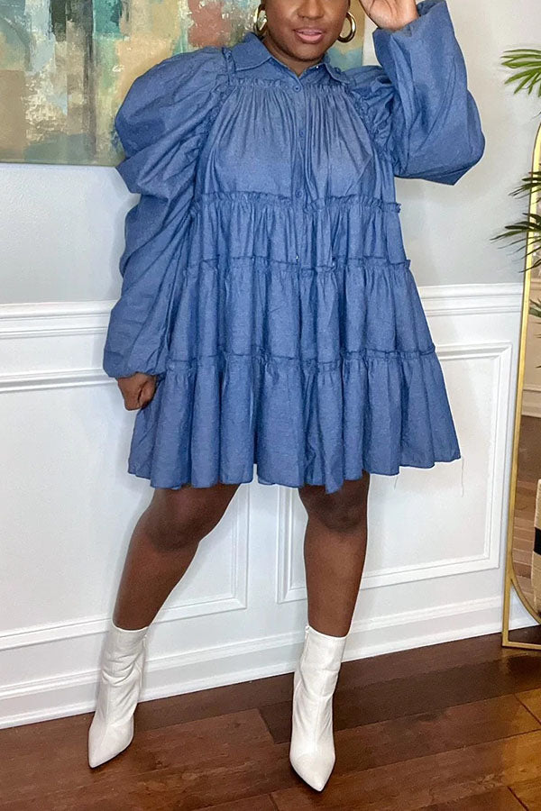 Stylish Layered Puff Sleeve Denim Dress