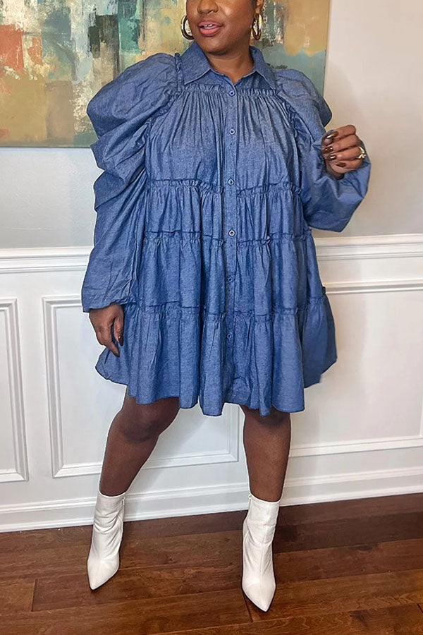 Stylish Layered Puff Sleeve Denim Dress