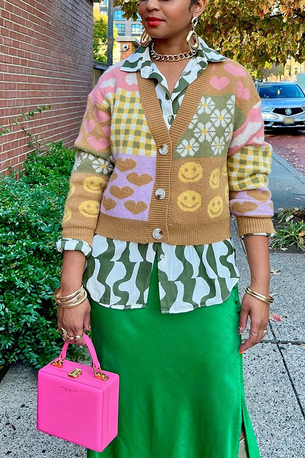 Fashionable Colorblock Print Cardigan Sweater