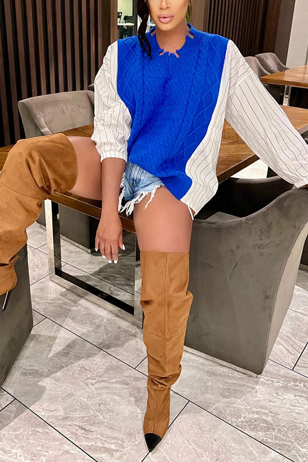 Fashion Striped Patchwork Cable Sweater