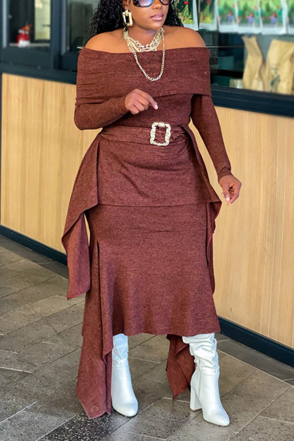 Fashionable One-Shoulder Ruffled Knitted Skirt Suit