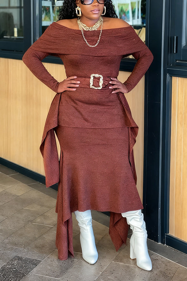 Fashionable One-Shoulder Ruffled Knitted Skirt Suit