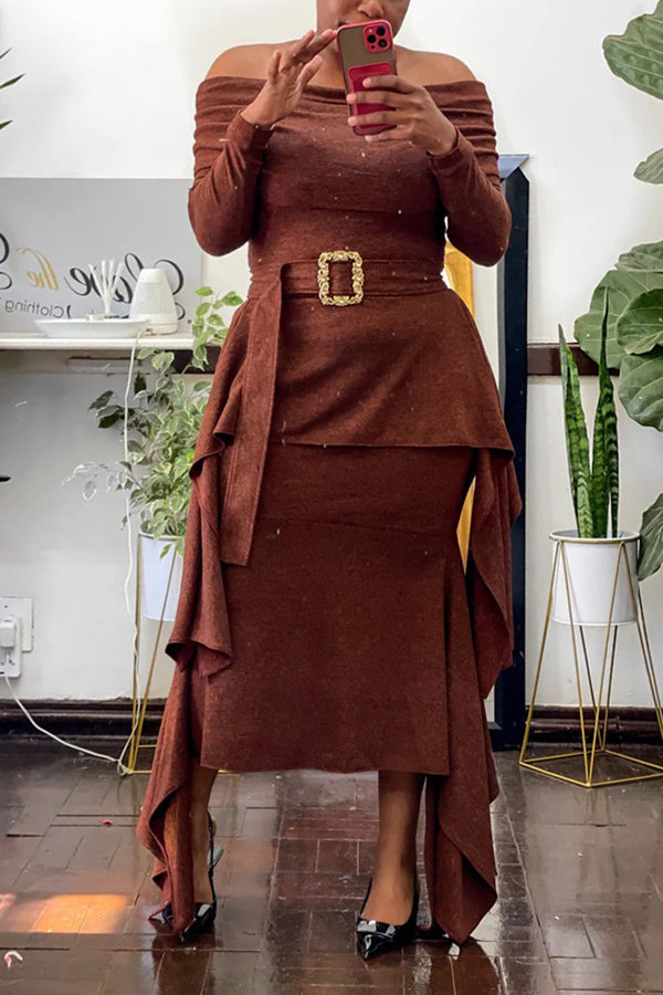 Fashionable One-Shoulder Ruffled Knitted Skirt Suit