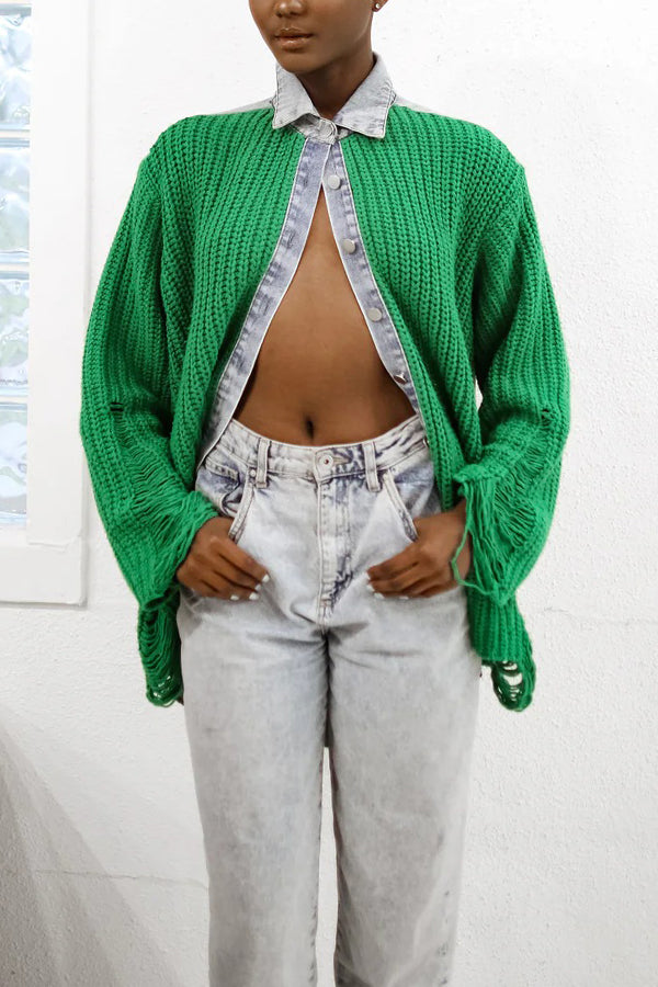 Chic Denim Patchwork Ripped Sweater