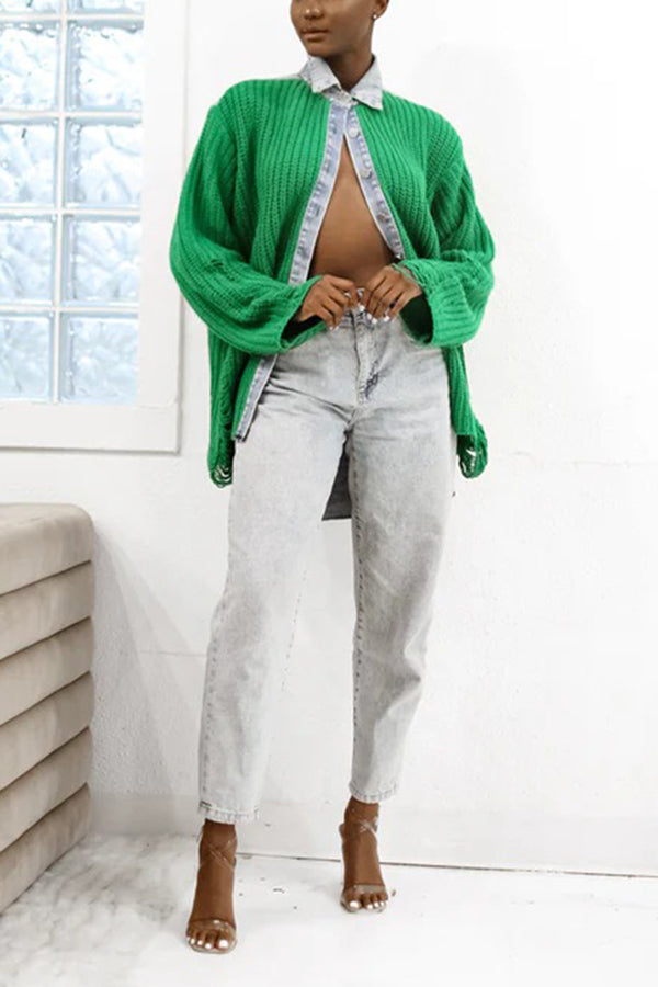 Chic Denim Patchwork Ripped Sweater