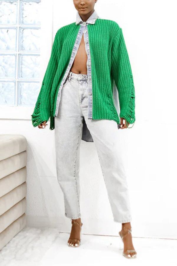Chic Denim Patchwork Ripped Sweater