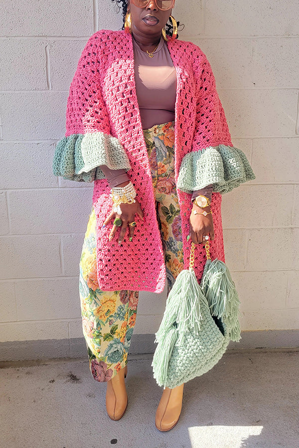 Oversized Ruffled Colorblock Knit Cardigan