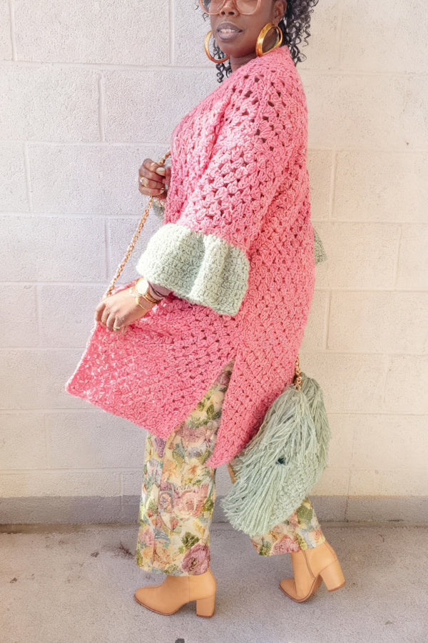 Oversized Ruffled Colorblock Knit Cardigan