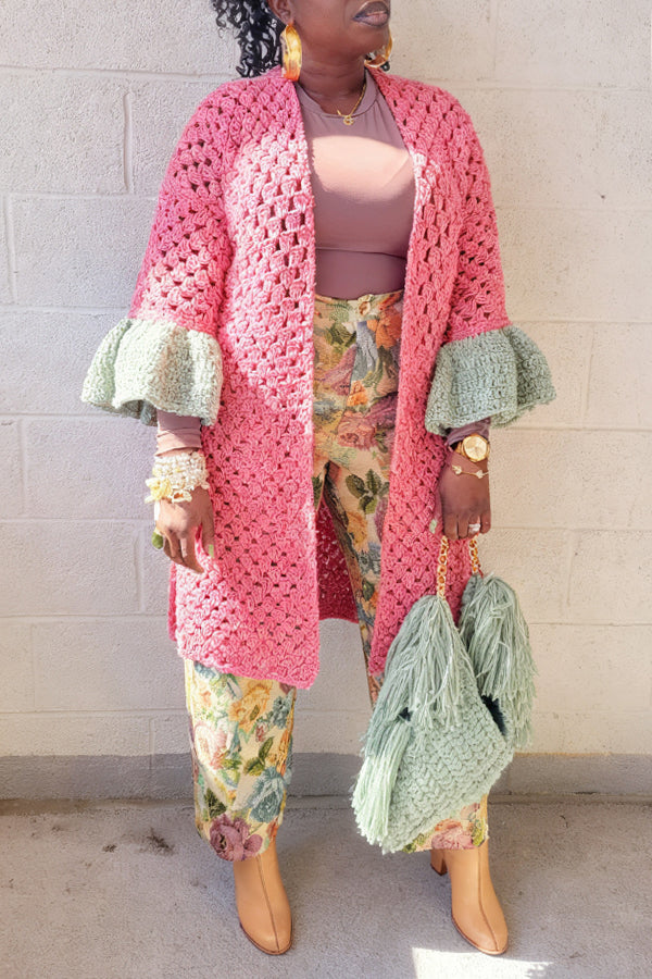 Oversized Ruffled Colorblock Knit Cardigan