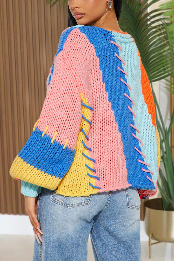 Fashionable Colorblock Flower Button Cardigan