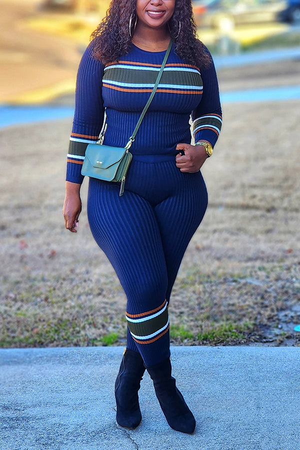 Stylish Colorblock Striped Sweater Suit