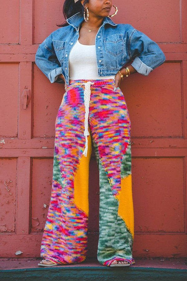 Fashion Colorblock Knitted Wide-Leg Pants