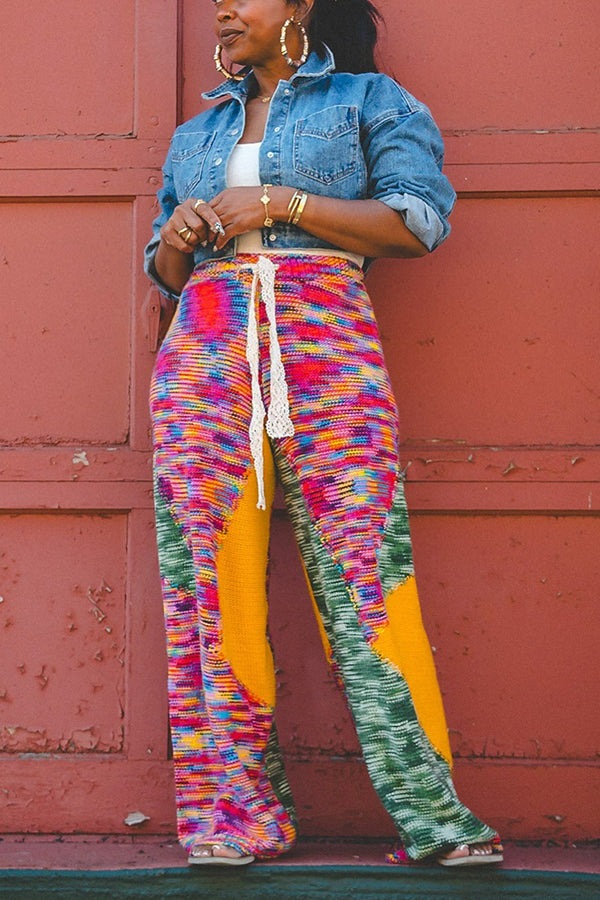 Fashion Colorblock Knitted Wide-Leg Pants