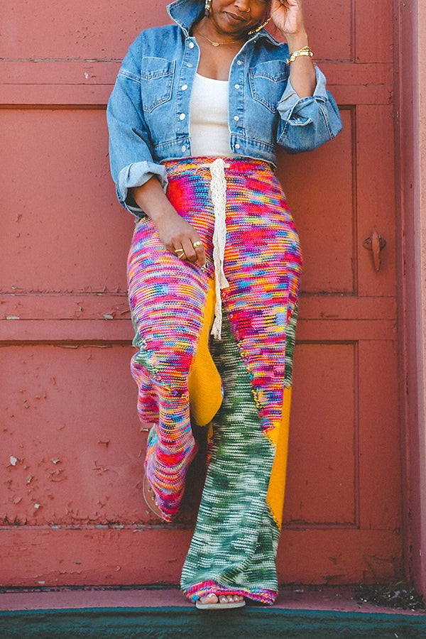 Fashion Colorblock Knitted Wide-Leg Pants